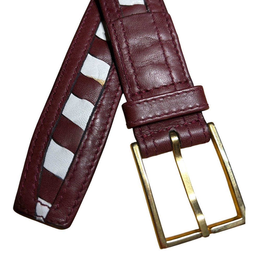 Cedric's Genuine Leather Belt Gold Buckle Burgundy White‎ Stripe Size 34 EUC